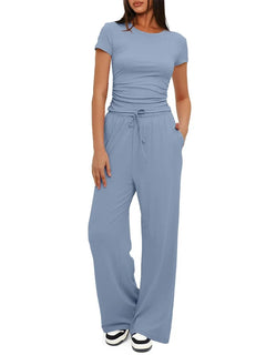 Summer Solid Loose Casual Tracksuit Women's Two Pieces Set O Neck Short Sleeves T-shirts and Wide Leg Pants Sets Sportswear Set