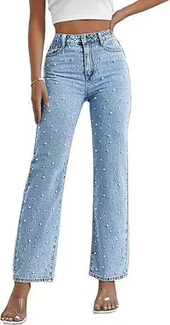 New 2026 Women's Jeans Pants Beading High Waist Casual Straight Pants for Women Streetwear Elegant Splice Denim Female Trousers