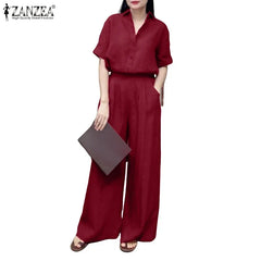 Summer Women's Casual Pant Suits Wide Leg Pant & Half Sleeve Shirt 2 Piece Sets ZANZEA Solid Color Commuting Day Wear Pant Sets