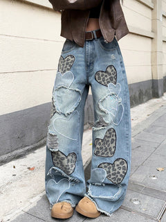 American Retro Heart-Shaped Leopard Print Patchwork Women's Loose High-Waisted Blue Wide-Leg Jeans, Street Fashion Niche Design Versatile Trousers