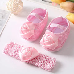 Spring Infant Baby Girl Shoes Newborn Lace Flowers Headband Anti-Slip Soft Sole First Walkers Toddler Kids Cotton Baptism Shoes