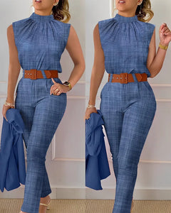 New Fashion Elegant Sleeveless Print High Waist With Belt Shirt And Pant Casual Fashion Two Piece Set