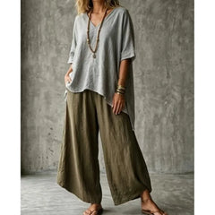 Summer New Loose Retro Short-sleeved T-shirt Trousers 2-piece Set Women's Fashion Irregular Top + Wide-leg Trousers Set Female