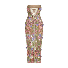 New Sexy Strapless Back Lace Up Dress for Women, Slim Fit and Simple Floral Embroidery Fabric Party Dress Long