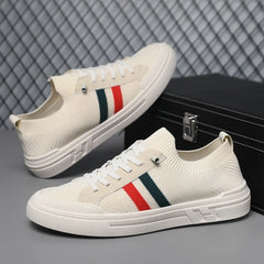 Fashionable Striped Sports Shoes with Breathable and Soft Soles, Summer Breathable Mesh Fabric, White Casual Shoes, Flat Bottom