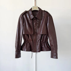 High Quality Chic Ladies Genuine Leather Short Jacket Zipper Turndown Collar Women Retro Oil Wax Sheepskin Jackets Casual Coat