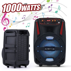 1000W Portable Bluetooth Speaker 8' Subwoofer Heavy Bass Sound System Party With Remote and Mic Led Light DJ Karaoke Speaker