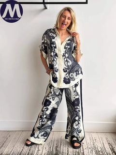 Women's Summer Versatile 2-Piece Set Printed Short Sleeve Shirt Top with Loose Wide Leg Pants Casual Fashion Outfit