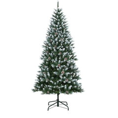 Pre-Lit Flocked Artificial Christmas Tree 6‘/9’ with Warm White LED Lights, Realistic Pine Branches, Snow Covered Xmas Tree, Slim Space Saving Design, Sturdy Metal Stand, Indoor Outdoor Holiday Decoration