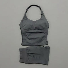 2 Pieces Shorts Yoga Set Women Backless Halter Tops High Waist Seamless Shorts Gym Suit Fitness Sportswear Workout Sets