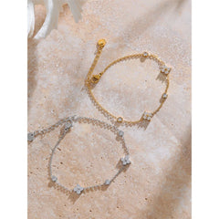 Yhpup Delicate Cubic Zirconia Flower Chain Thin Bracelet Bangle Stainless Steel Rust Proof Office Ladies Chic Jewelry New Gift