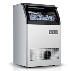 Commercial Ice Maker Machine 100LBS/24H, 50 Ice Cubes in 5-15 Min | 33 Lbs Storage Ice Bin, Freestand Stainless Steel Body, 2 Water Inlets, LED Display, for Home Bar Office Restaurant
