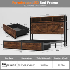 Farmhouse Queen Bed Frame & Bookcase Headboard,Charging Station & LED Light,2 Storage Drawers,Platform,Bedroom,Queen, Custom