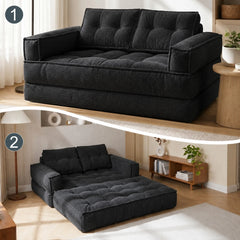51" 2-Seater Modular Corduroy Sofa with Chaise, 2-in-1 Boneless Convertible Floor Couch, Lazy Double Sofa with Armrest for Living Room, Black