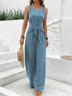 Fashion Solid Jumpsuit For Women Casual Sleeveless V Neck Lace-Up Wide Leg Pants Jumpsuits Lady Summer Holiday Womens Clothing