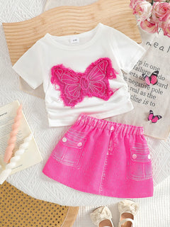 Baby girl summer fashionable and elegant white denim butterfly patch decoration pleated design top and digital printed rose red