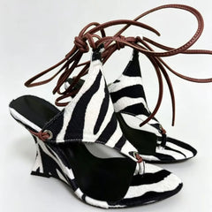 Print Wedge Heel Sandals Women's Lace-Up Flip Flops with Ankle Straps  Animal Pattern Footwear for Summer Parties & Street Style