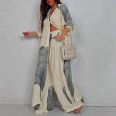 Elegant Lady Set Printed Long Shirt Top Wide Leg Pants 2-piece Outfit Casual Loose Oversized Women Sets Casual Two-piece Outfit