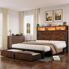 Farmhouse Queen Bed Frame & Bookcase Headboard,Charging Station & LED Light,2 Storage Drawers,Platform,Bedroom,Queen, Custom