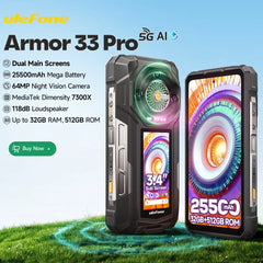 Ulefone Armor 33 Pro 5G Rugged Phone 25500mAh 512GB ROM 6.95” 120Hz 3.4" Rear Screen NFC Android Smartphone