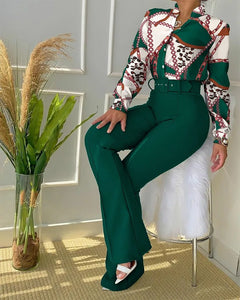Women Autumn Winter Trouser Set Pants Suit Belt Long Sleeve Turndown Collar Button Printing Color Casual Fashion Regular Pants
