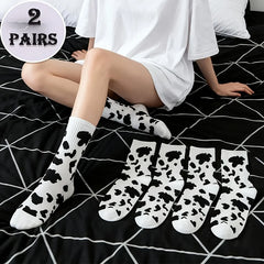2 Pairs Cow Print Socks–Trendy Black&White Contrast Design,Soft&Skin-Friendly Unisex Crew Socks for Streetwear&Daily Outfits