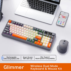 FREEWOLF M96™ Wireless Keyboard & Mouse Combo – Bluetooth 5.0 & 2.4G, Smart Screen, 96 Keys, RGB Backlit, Silent, PBT Keycaps, Multimedia Knob, X7 4000 DPI Mouse | FlipStylez LLC®