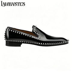 Metallic Stud Trimmed Mens Loafers Patent Matte PU Leather Slip on Shoes Edge Studded Accent Designer Style Formal Dress Shoes