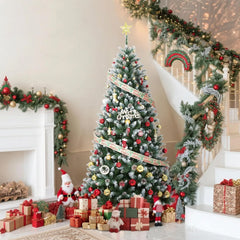Pre-Lit Flocked Artificial Christmas Tree 6‘/9’ with Warm White LED Lights, Realistic Pine Branches, Snow Covered Xmas Tree, Slim Space Saving Design, Sturdy Metal Stand, Indoor Outdoor Holiday Decoration