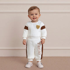 Baby Boy s Knit Outfits Fashionable Long Sleeve Bear Embroidery Textured Romper with Pants 2Pcs Set