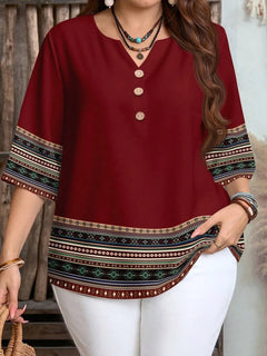 Plus size women's spring/summer/autumn new retro pattern front button leisure short sleeve shirt essential summer outfit