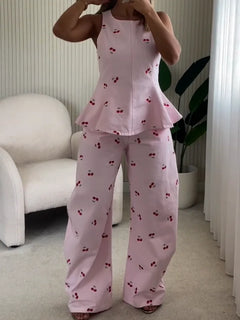 Denim Printed Sleeveless Pants  2-piece Set Women's Elegant Round Neck Fashion Short Shirt Long Pants Suit 2026 Street Outfit