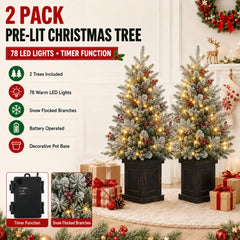 2PCS 3ft Pre-Lit Artificial Christmas Tree with 78 LED Lights, Snow Flocked Mini Xmas Tree with Timer Function, Battery Operated Small Holiday Tree for Home Office Tabletop Decor