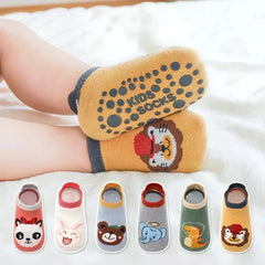 6 pairs of boys and girls' anti slip socks with cute cartoon animal patterns, comfortable and breathable baby floor socks