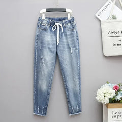XL-6XL Plus Size jeans for Women Mom Jeans Woman Elastic High Waist Blue Baggy Jeans Denim Ripped Jeans Female Harem Pants