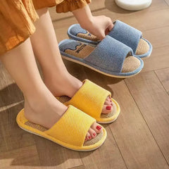 Women Linen Slippers Four Seasons Women Indoor Sandals Adults Cartoon Slides Couples Open toed Breathable Home Shoes