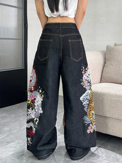 1 Pc American Retro Dragon And Tiger Embroidered Loose Jeans For Women, Street Hip-Hop Fashion Versatile Black Wide-Leg Pants