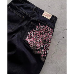 Sakura embroidered jeans Personalized street fashion wide legs wide legs multifunctional washing spread couple hip hop pants