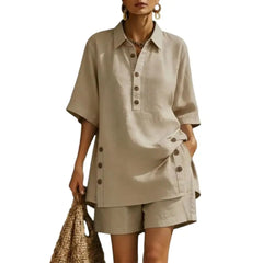 Cotton Linen Set for Women Button Short Sleeve Shirt And Wide Leg Shorts 2 Piece Outfit Summer Casual Beach Lounge Sets