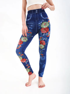 Autumn Winter 1PACK Women's Imitation Cowboy Chrysanthemum Pattern Sexy Tight Legging Casual Sports Elegant Fitness Yoga Pants