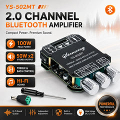 YS-502MT Bluetooth Audio Amplifier Board 2.0 Channel 100W Mini Hi-Fi Stereo Power Amp Module DC 12-24V For Speakers