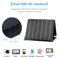 Foldable Solar Panel 5V/12V USB Portable Waterproof Cell Phone Power Pack Outdoor Battery Charger for Hiking Camping 30W