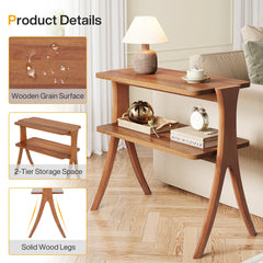 Tribesigns Walnut Side Table for Living Room, Narrow End Table with 2-Tier Storage Shelf and Solid Wood Legs, Slim Bedside Table