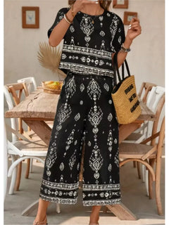 Fashion Ethnic Retro Printed Short-sleeved Women's Suit Summer New Casual Simple Elegant 7-minute Pants Female 2-piece Set 2026