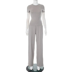 Casual Long Pants Suits Women O-Neck Short Sleeve T-Shirt Elastic