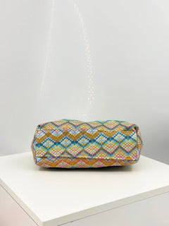 Colorful Geometric Rhombus Pattern Cloud-Shaped Pleated Clutch Bag, Niche Design Evening Bag, Women's Vacation Casual Makeup Storage Bag