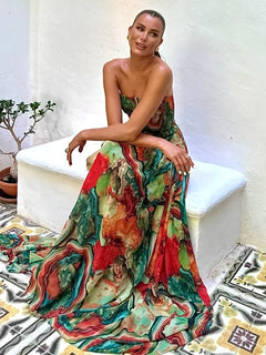 New Pleated Waist Strapless Dress Women's Printed Colorful Long Gown Elegant Fashionable Summer Dress