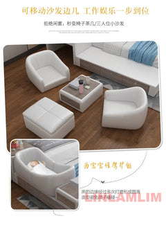 Modern Multifunctional Genuine Leather Platform Bed Frame, King Size Upholstered Family Bed with Integrated Baby Crib, Drawers