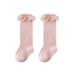 Summer Baby Girls Socks Toddler Bow Long Sock Kids Knee High Soft Cotton Mesh Stocking Spanish Style Hollow Out Lace Socks 0-3Y