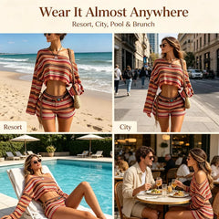 Boho Asymmetrical Off Shoulder Striped Knit Two Piece Set Women Long